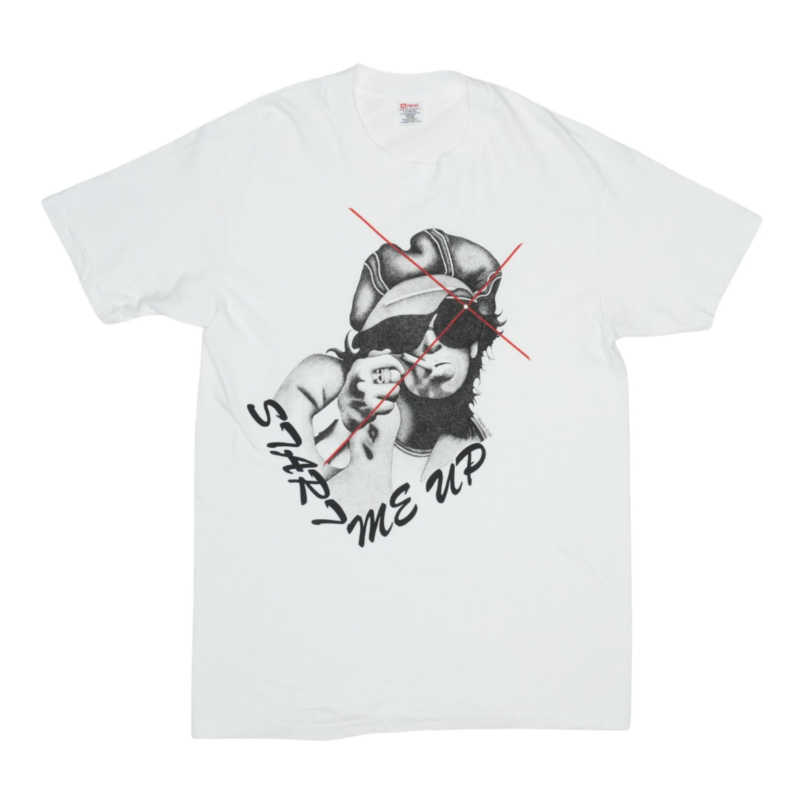 Vintage 1990s Andrew Slayton Keith Richards Start Me Up Cotton Shirt White: Vintage 1990s Andrew Slayton Keith Richards Start Me Up Cotton Shirt White This is an original vintage 1990s Keith Richards "Start Me Up" shirt designed by Andrew Slayton. The shirt is made from 100% 