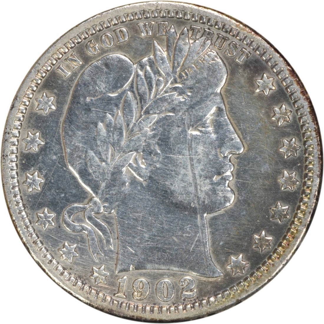 1902-O Barber Quarter 90% Silver VF Uncertified 25C: 1902-O Barber Quarter 90% Silver VF Uncertified 25C This 1902-O Barber Silver Quarter is a remarkable piece of numismatic history, featuring the design of the renowned engraver Charles E. Barber. Mint