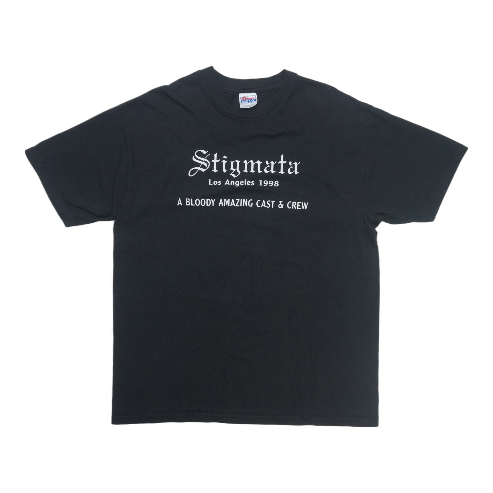 Vintage 1998 Stigmata cast crew black cotton shirt: Vintage 1998 Stigmata cast crew black cotton shirt This is an original vintage 1998 Stigmata movie cast and crew shirt. It is a true vintage item from the 1990s, not a modern reproduction. The shirt i