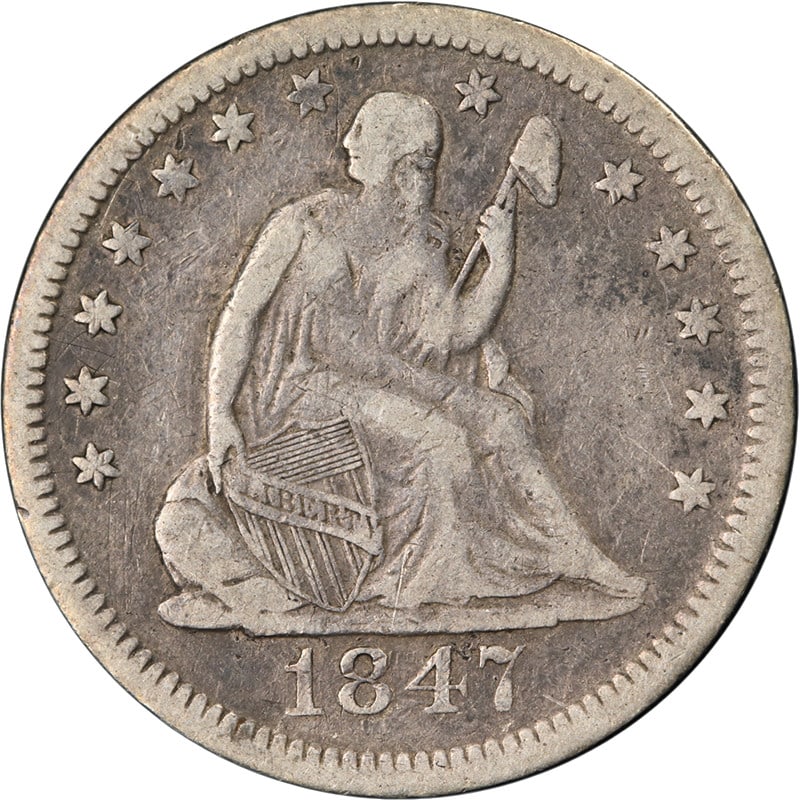 1847 O New Orleans Seated Liberty Silver Quarter Choice VF XF: 1847 O New Orleans Seated Liberty Silver Quarter Choice VF XF This 1847-O Seated Liberty Quarter is a circulated silver coin from the United States, offered in Choice VF/XF grade. It is described as h