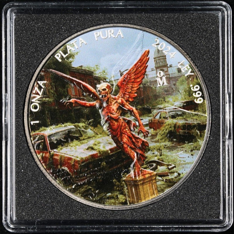 2024 Mexico Zombiertad silver coin platinum colors OGP COA: 2024 Mexico Zombiertad silver coin platinum colors OGP COA This 2024 Mexico Silver Zombiertad Apocalypse coin features platinum color accents and is struck in .999 fine silver. The coin is in uncircul