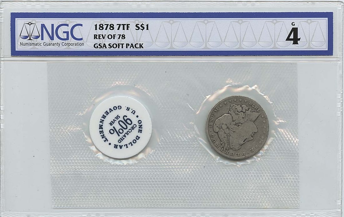 NGC G4 Morgan Dollar 1878 7 Tail Feathers Reverse of 78 GSA Soft Pack (1 of 2)