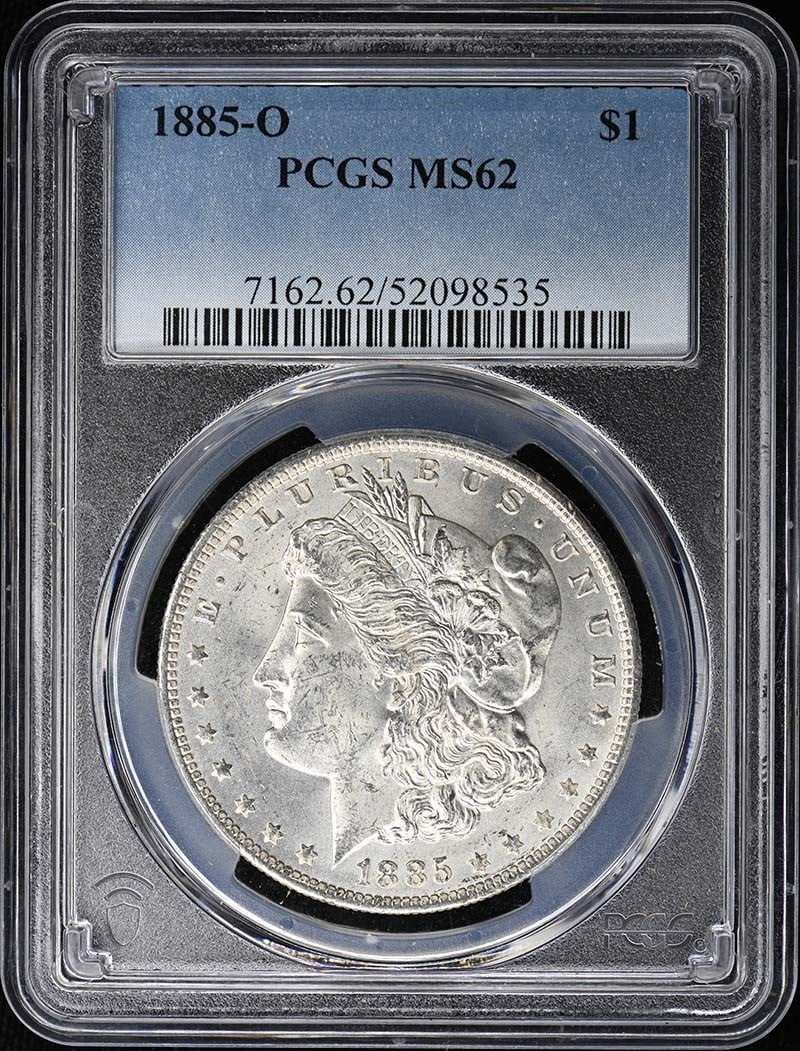 PCGS MS62 1885 O Morgan Silver Dollar: PCGS MS62 1885 O Morgan Silver Dollar 1885-O Morgan Dollar certified by PCGS and graded MS62. This pre-owned coin is an uncirculated United States silver dollar from the Morgan Dollar series. Specific