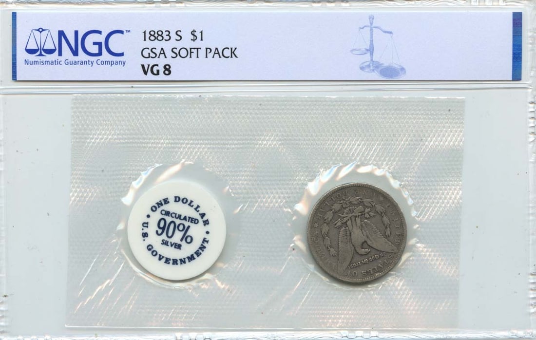 1883 San Francisco Morgan Dollar GSA Soft Pack NGC VG8: 1883 San Francisco Morgan Dollar GSA Soft Pack NGC VG8 This 1883-S Morgan Dollar is graded VG8 by NGC and comes in a GSA soft pack. Minted in San Francisco, this circulated silver dollar is a pre-owne