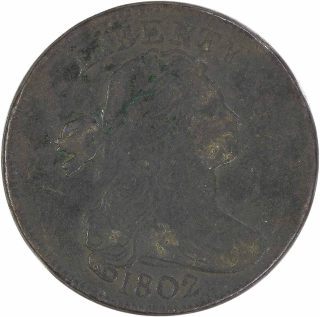 1802 Draped Bust Copper Large Cent VF Uncertified: 1802 Draped Bust Copper Large Cent VF Uncertified This 1802 Draped Bust Large Cent is a circulated copper coin from the United States, designed by Robert Scot. Struck in Philadelphia, it features a pl