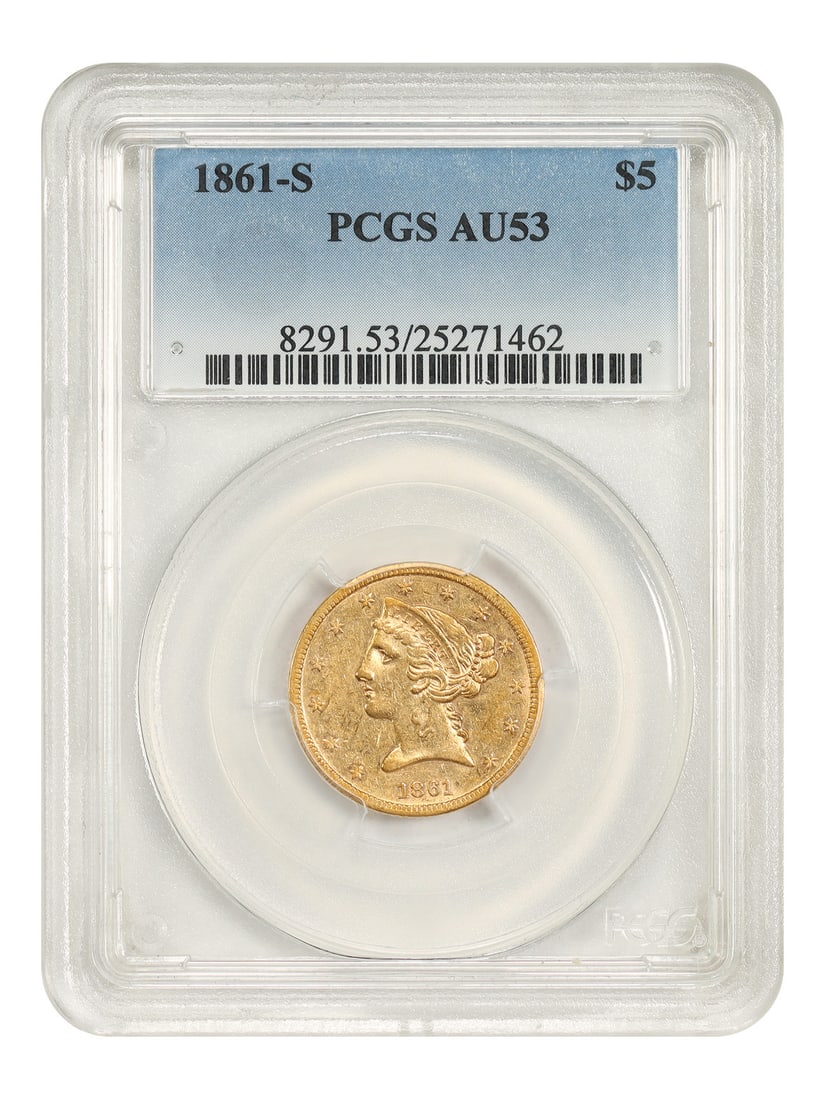 1861 S Liberty Head $5 Gold Coin PCGS AU53 San Francisco Mint: 1861 S Liberty Head $5 Gold Coin PCGS AU53 San Francisco Mint 1861-S Liberty Head $5 gold coin certified by PCGS as AU53. This circulated Civil War-era San Francisco issue had a mintage of just 18,000