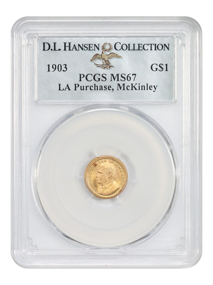 1903 McKinley Louisiana Purchase G$1 PCGS MS67 ex D.L. Hansen: 1903 McKinley Louisiana Purchase G$1 PCGS MS67 ex D.L. Hansen 1903 Louisiana Purchase Gold Dollar featuring William McKinley, certified PCGS MS67. This uncirculated classic gold commemorative has a mi