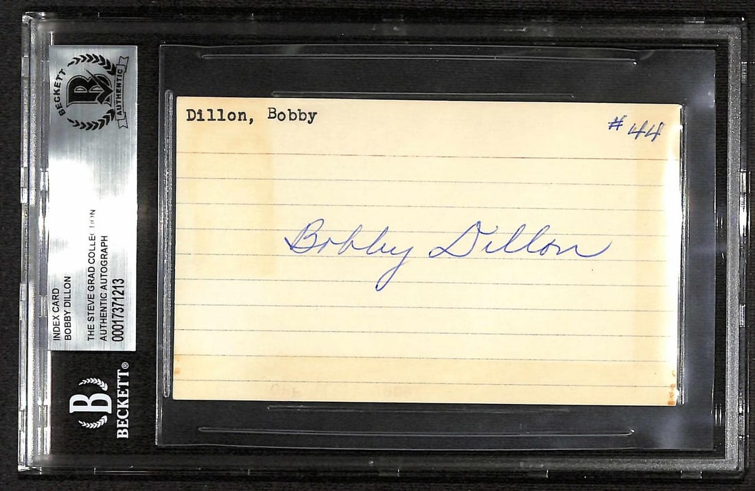 Beckett Certified Bobby Dillon Packers Hall of Fame autograph card: Beckett Certified Bobby Dillon Packers Hall of Fame autograph card This is a Bobby Dillon signed 3x5 index card, professionally encapsulated and authenticated by Beckett Authentication Services. The a
