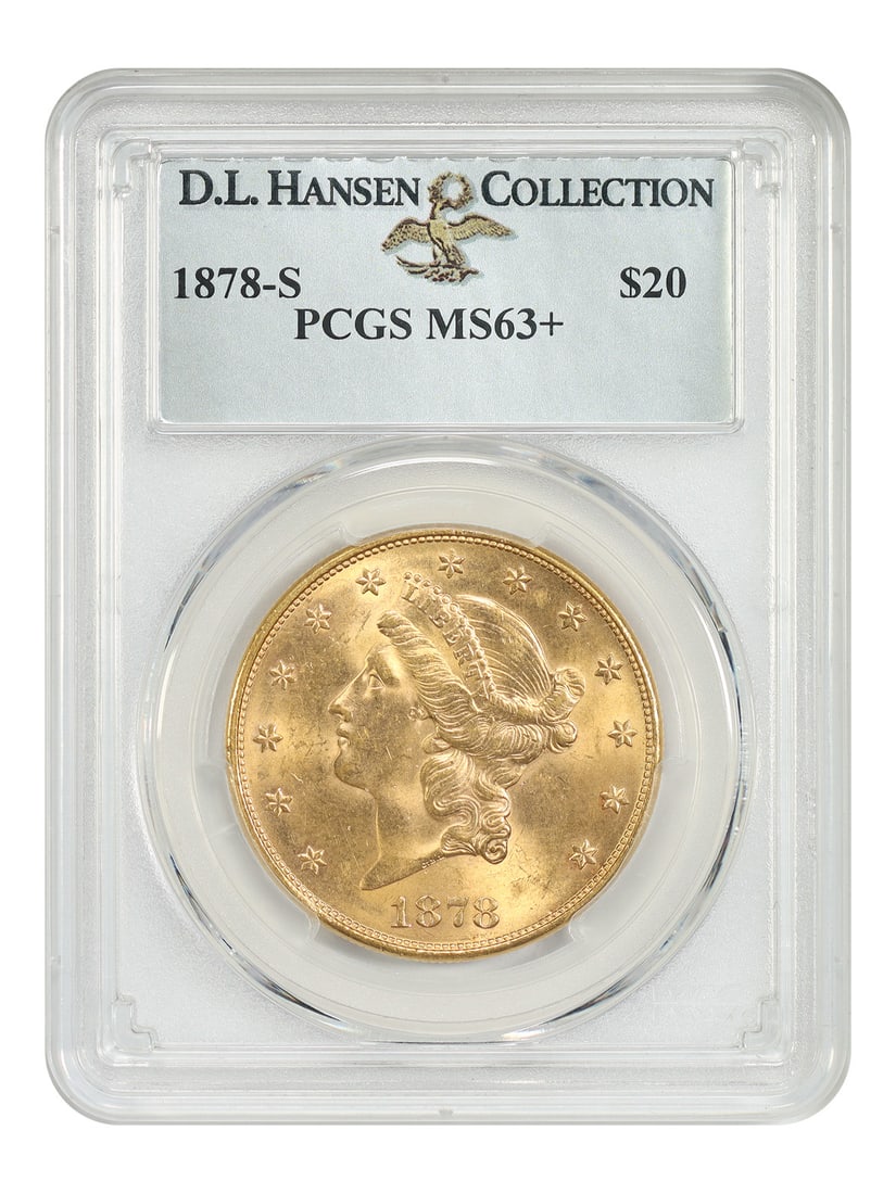 PCGS MS63+ 1878-S Liberty Head $20 Gold Coin ex D.L. Hansen: PCGS MS63+ 1878-S Liberty Head $20 Gold Coin ex D.L. Hansen 1878-S Liberty Head $20 gold coin graded PCGS MS63+ and pedigreed ex D.L. Hansen. With a hefty mintage of over 1.7 million coins, this issue