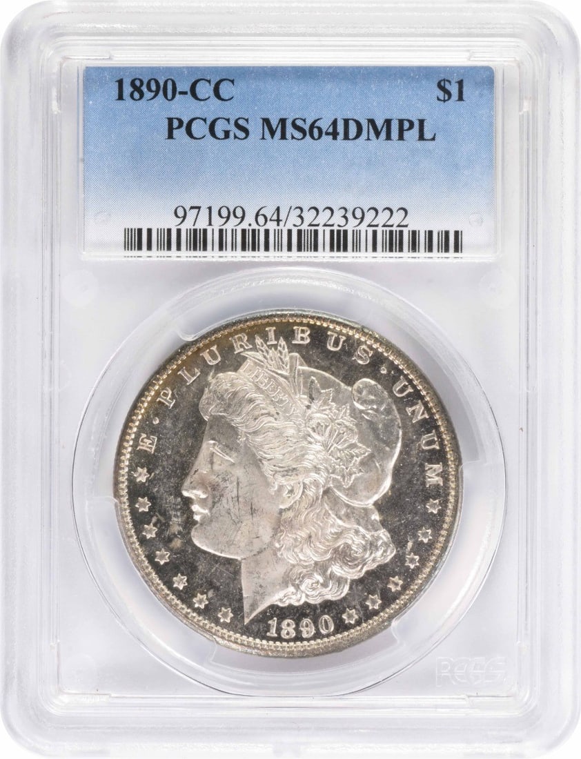 PCGS MS64DMPL 1890 CC Morgan Silver Dollar: PCGS MS64DMPL 1890 CC Morgan Silver Dollar 1890-CC Morgan Silver Dollar graded MS64DMPL by PCGS. This uncirculated silver $1 coin is a pre-owned example from the United States. Specifications Coin: Mo