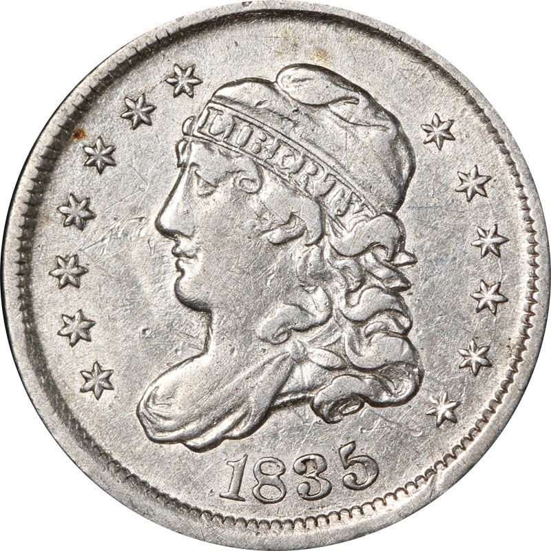 1835 Silver Bust Half Dime: 1835 Silver Bust Half Dime This 1835 Bust Half Dime is a circulated silver coin from the United States. Composed of 90% silver, it represents an early American coinage piece and is offered in pre-owne