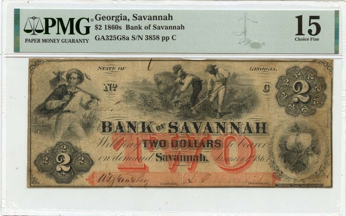 PMG F15 Bank of Savannah 1861 Georgia obsolete $2 note (1 of 2)