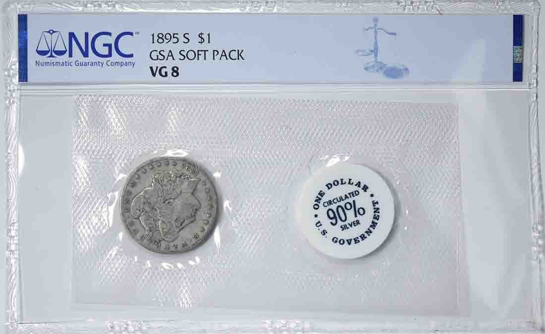 1895-S Morgan Dollar NGC GSA Soft Pack VG8: 1895-S Morgan Dollar NGC GSA Soft Pack VG8 This 1895-S Morgan Silver Dollar is certified by NGC and comes in a GSA soft pack. The coin is composed of 90% silver and 10% copper, was minted in San Franc