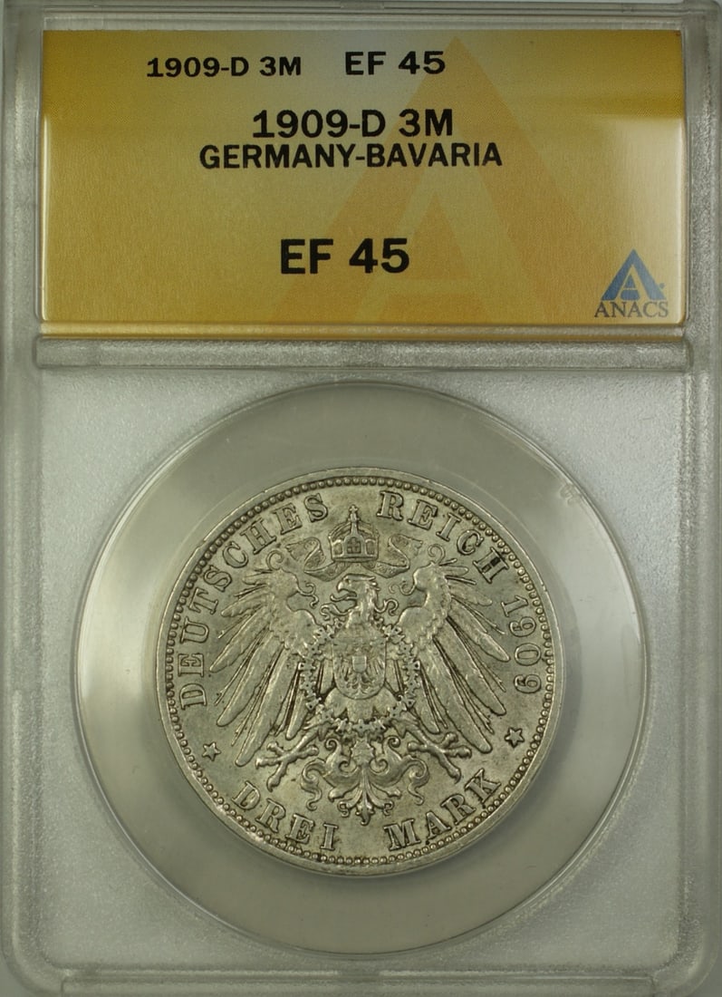 ANACS EF-45 1909-D Bavaria Three Marks Silver Coin from Germany: ANACS EF-45 1909-D Bavaria Three Marks Silver Coin from Germany This 1909-D Germany Bavaria 3 Mark silver coin is certified by ANACS with a grade of EF-45. The coin is composed of silver and was issue