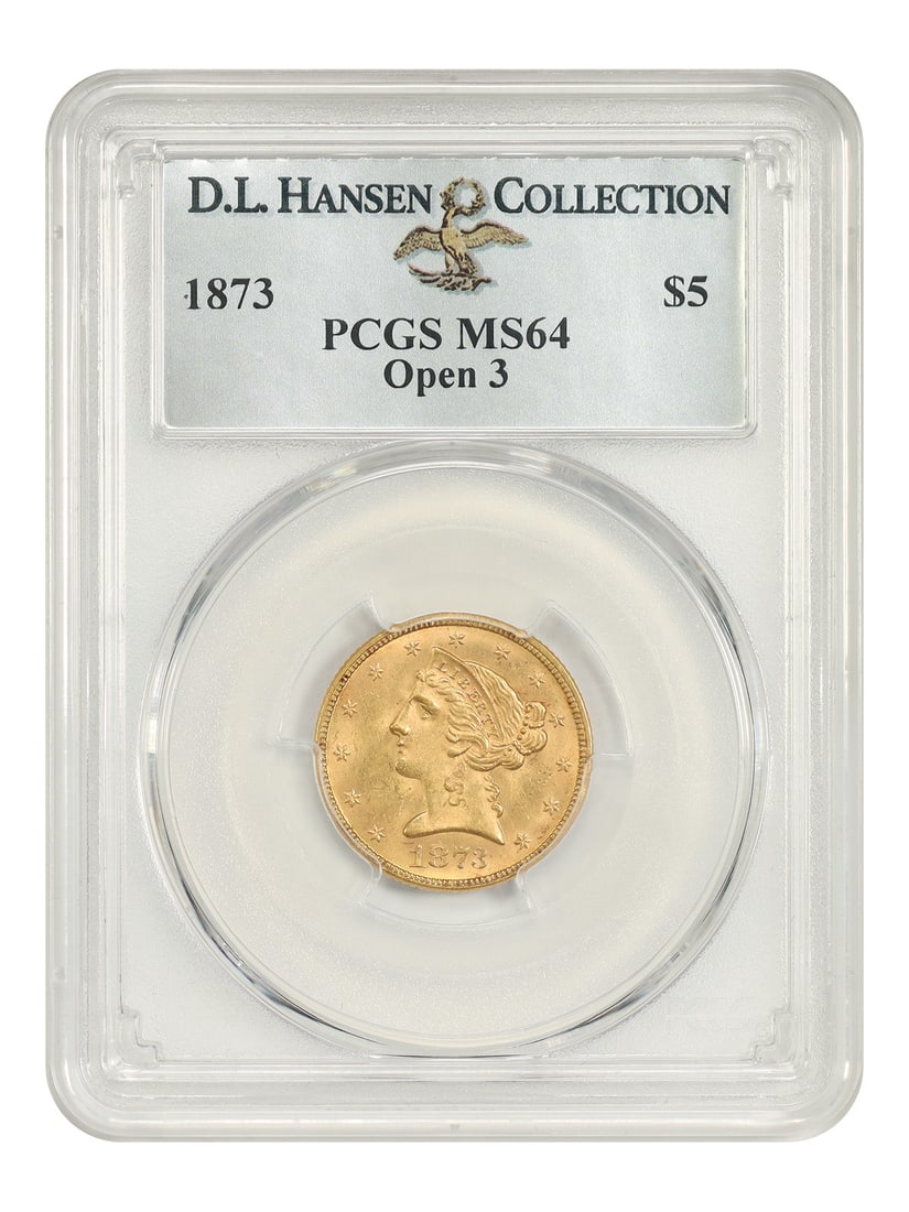 1873 Liberty Head $5 Gold Coin PCGS MS64 Open 3: 1873 Liberty Head $5 Gold Coin PCGS MS64 Open 3 This 1873 Liberty Head $5 gold piece is certified by PCGS MS64 and identified as the Open 3 variety. Struck at the Philadelphia Mint, it is an uncircula