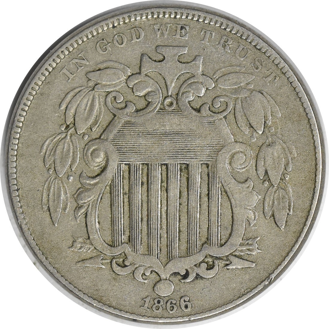 1866 Philadelphia Shield 5C Nickel Coin VF Uncertified: 1866 Philadelphia Shield 5C Nickel Coin VF Uncertified This is an 1866 Shield Nickel featuring rays, designed by James Barton Longacre. The coin was minted in Philadelphia and is composed of 75% coppe
