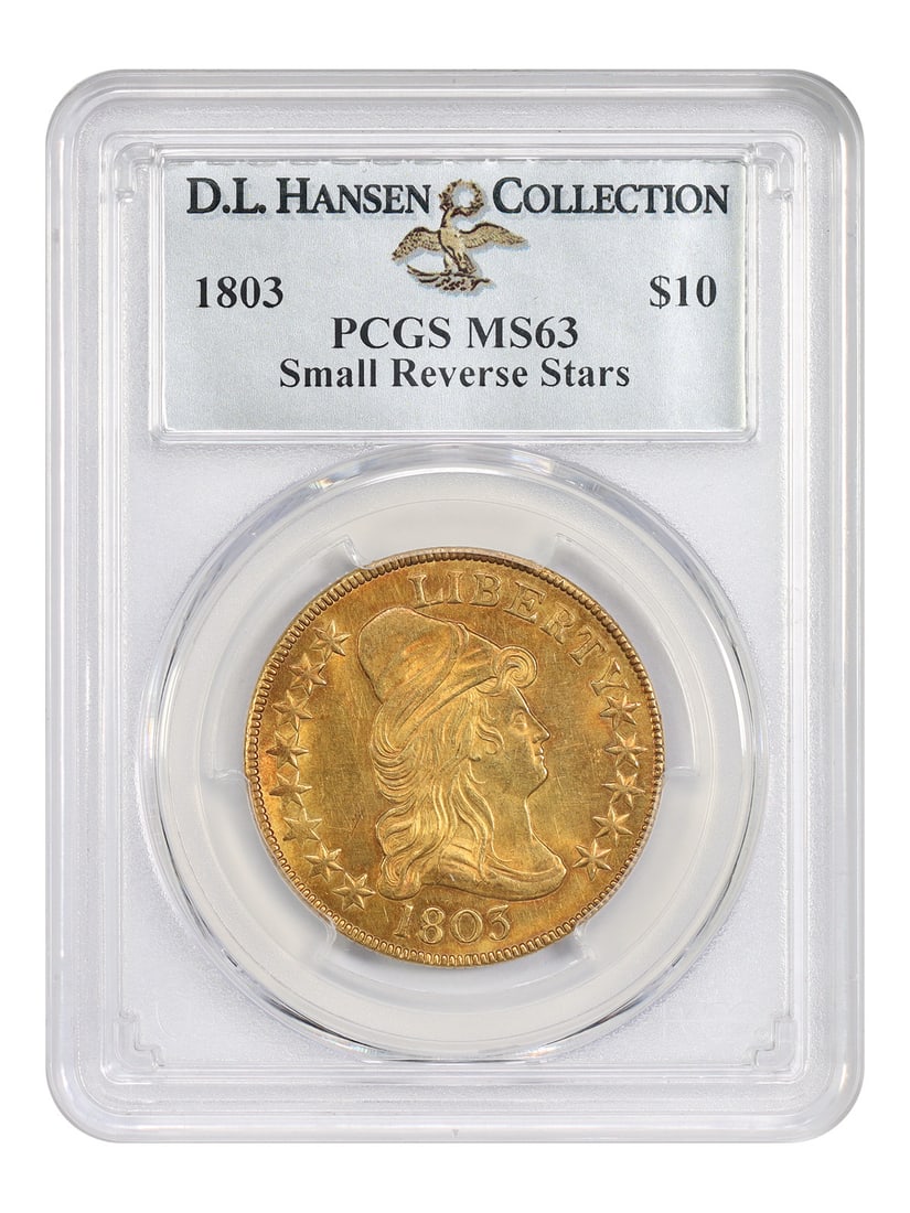 1803 Draped Bust $10 Gold Eagle PCGS MS63 Small Reverse Stars: 1803 Draped Bust $10 Gold Eagle PCGS MS63 Small Reverse Stars 1803 Draped Bust $10 gold coin, Small Reverse Stars variety, graded PCGS MS63 and offered as an uncirculated example. The mintage for the 