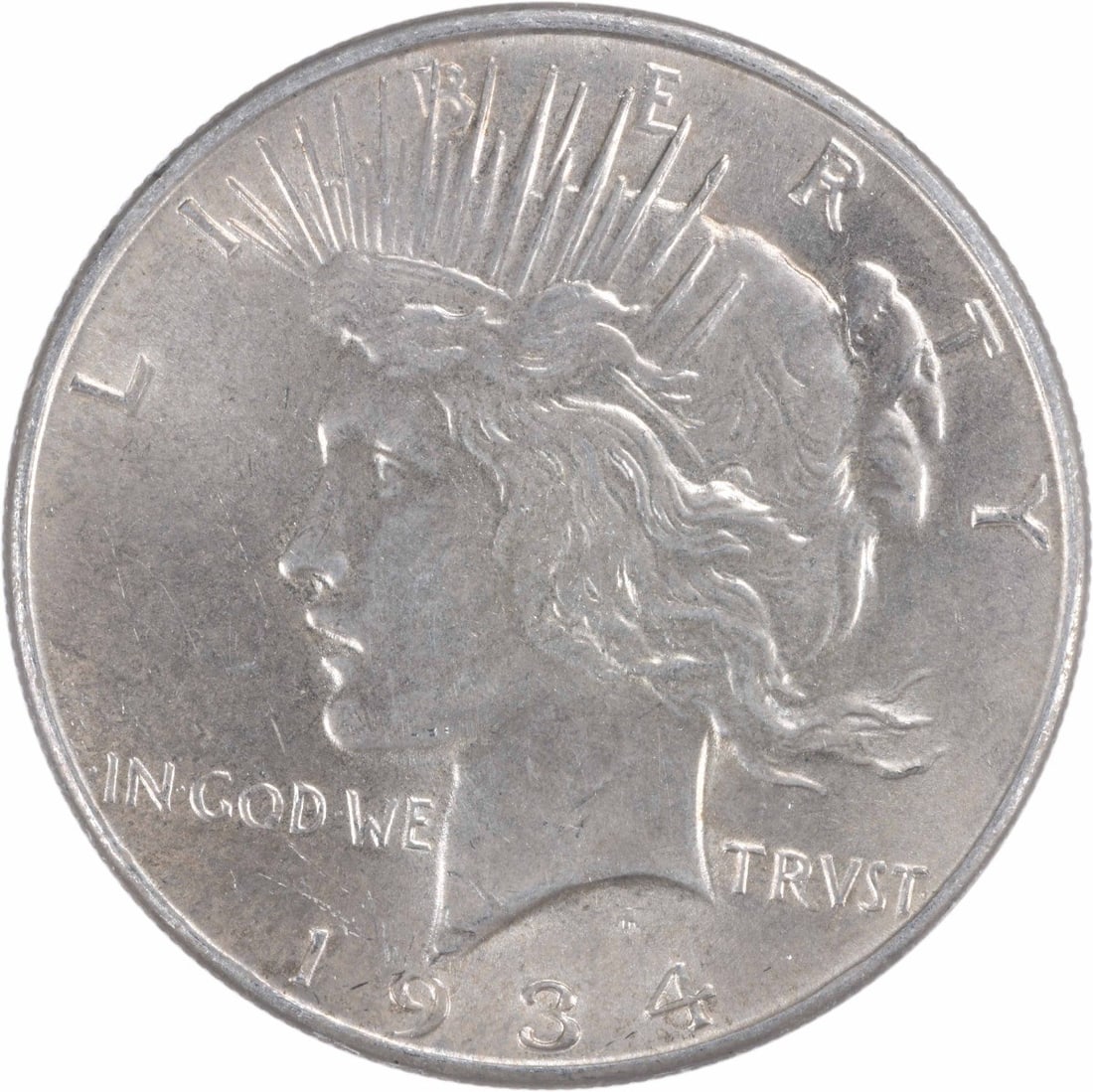1934 United States Peace Dollar Silver $1 Uncertified MS63: 1934 United States Peace Dollar Silver $1 Uncertified MS63 1934 Peace Silver Dollar offered in uncirculated, pre-owned condition. This uncertified coin is identified as Choice BU and listed with an MS