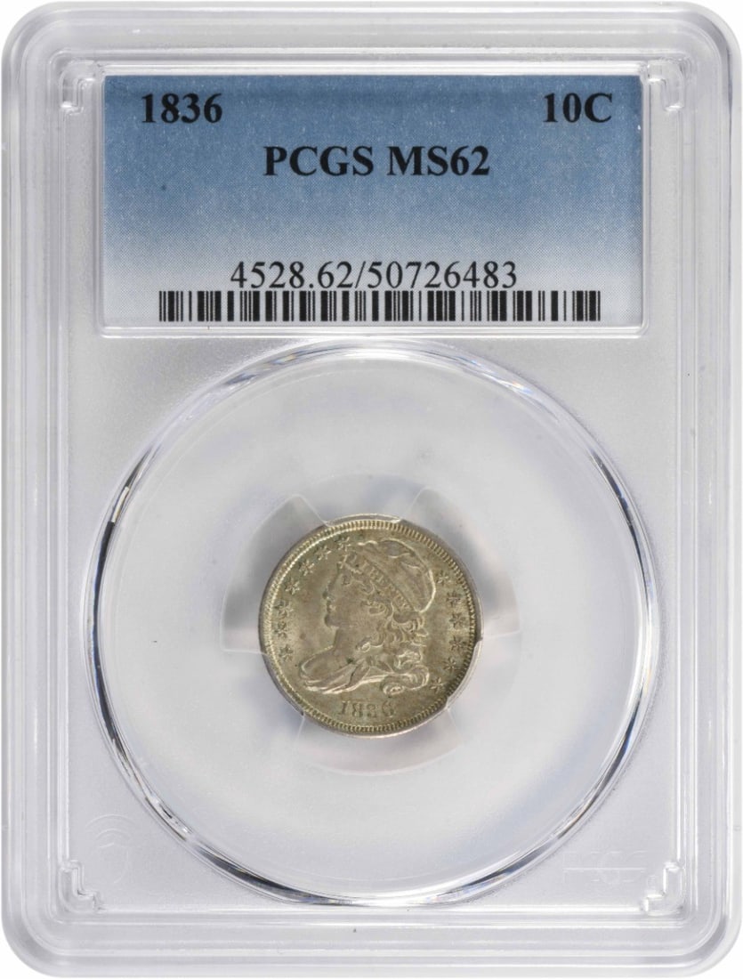 1836 Capped Bust Silver Dime MS62 PCGS Certified Uncirculated: 1836 Capped Bust Silver Dime MS62 PCGS Certified Uncirculated This 1836 Bust Silver Dime is a remarkable collectible, graded MS62 by PCGS, indicating it is in uncirculated condition. Struck at the Phi