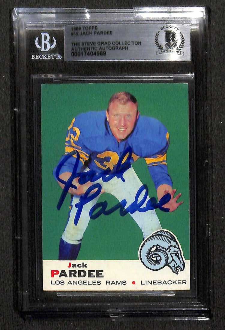 Autographed 1969 Topps Football Card Jack Pardee Beckett Authenticated: Autographed 1969 Topps Football Card Jack Pardee Beckett Authenticated This is an original 1969 Topps #12 football trading card featuring Los Angeles Rams linebacker Jack Pardee. The card has been han