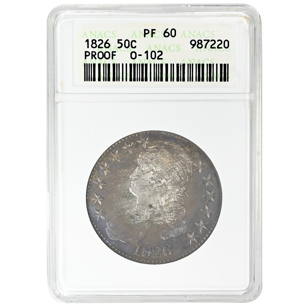 ANACS PF60 1826 Capped Bust Half Dollar 50C Proof: ANACS PF60 1826 Capped Bust Half Dollar 50C Proof 1826 Capped Bust Half Dollar proof coin certified by ANACS and graded PF60. This Type 1 lettered edge example is housed in an older ANACS holder and d