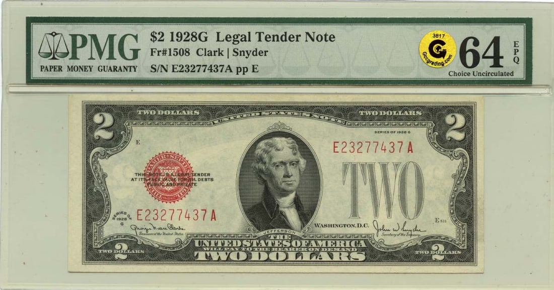 PMG 64 EPQ 1928G $2 United States Legal Tender Note Fr 1508: PMG 64 EPQ 1928G $2 United States Legal Tender Note Fr 1508 1928G $2 Legal Tender Note from the United States, graded PMG CU64 EPQ. This uncirculated pre-owned note is identified as Friedberg #1508. S