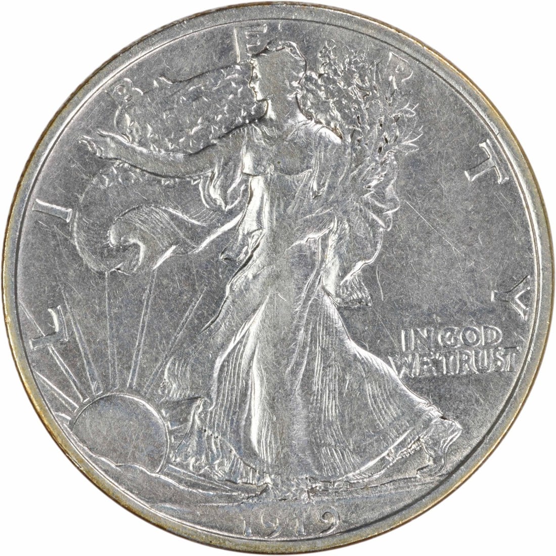1919 Denver Walking Liberty Half Dollar 90 Percent Silver EF Uncertified: 1919 Denver Walking Liberty Half Dollar 90 Percent Silver EF Uncertified This is a 1919-D Walking Liberty half dollar coin from the United States, designed by Adolph Alexander Weinman. The coin is cir