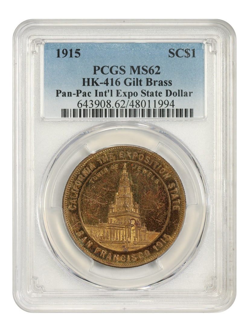 1915 Pan-Pac International Exposition HK-4 Gilt Brass Medal PCGS MS62: 1915 Pan-Pac International Exposition HK-4 Gilt Brass Medal PCGS MS62 1915 Pan-Pacific International Exposition so-called dollar medal graded PCGS MS62. This uncirculated gilt brass medal is cataloged