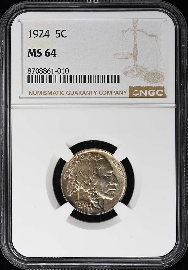 NGC MS64 1924 Buffalo Nickel Type 2 5C: NGC MS64 1924 Buffalo Nickel Type 2 5C 1924 Buffalo Nickel Type 2 certified by NGC and graded MS64. This uncirculated 5-cent coin was minted in Philadelphia and is a pre-owned example from the United 