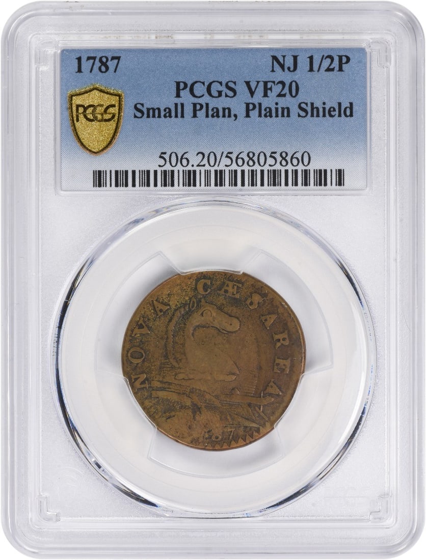 1787 New Jersey Copper Half Penny Plain Shield PCGS VF20: 1787 New Jersey Copper Half Penny Plain Shield PCGS VF20 This 1787 New Jersey 1/2 Penny features a small planchet and plain shield design. Certified by PCGS and graded VF20, this circulated colonial c