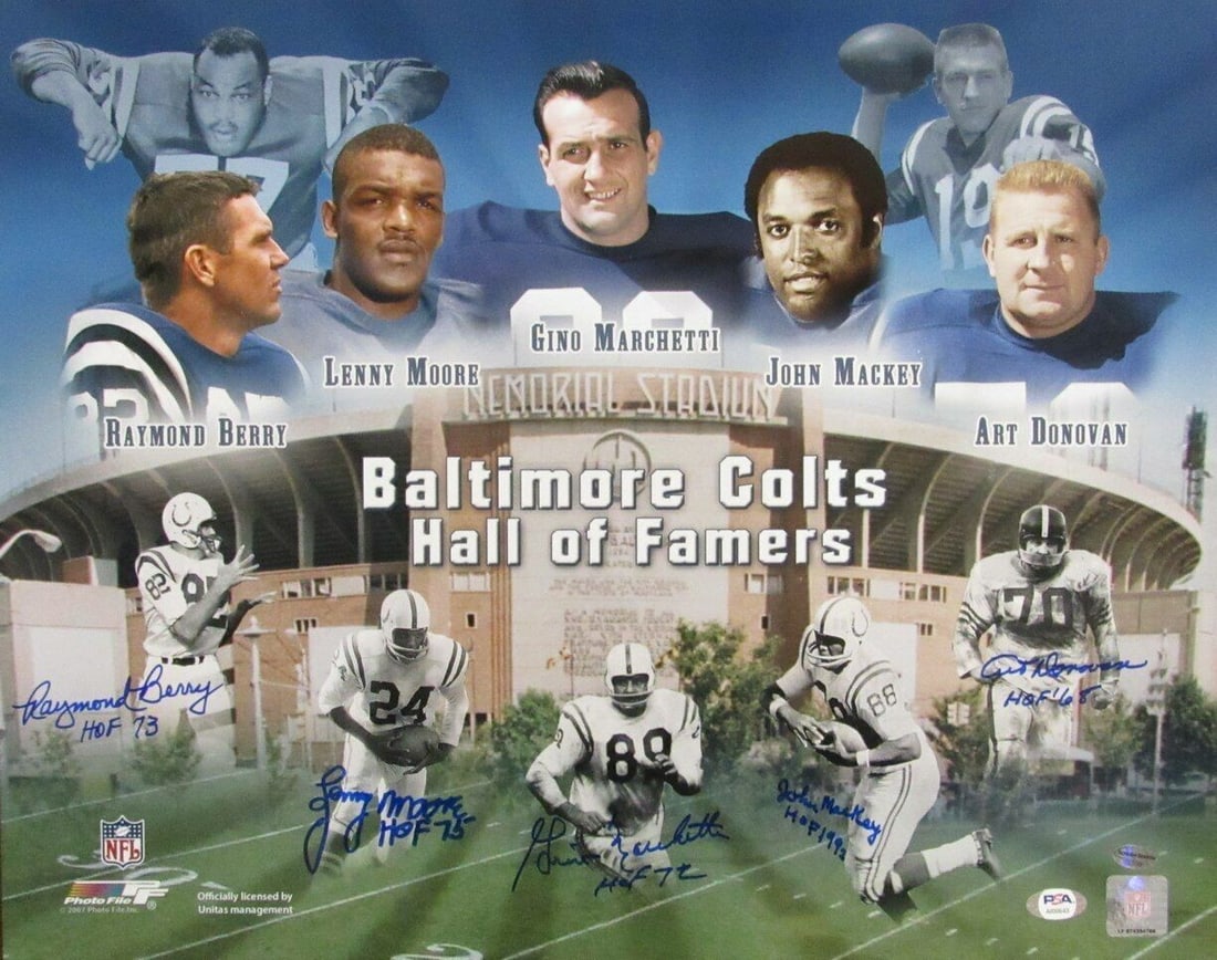 Baltimore Colts Hall of Famers Multi-Signed 16x20 Photo PSA/DNA Authenticated: Baltimore Colts Hall of Famers Multi-Signed 16x20 Photo PSA/DNA Authenticated This exceptional 16x20 photo features multi-signatures from five legendary Baltimore Colts Hall of Famers: Raymond Berry, 
