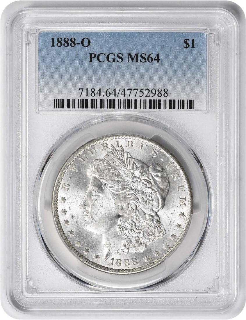 1888-O Morgan Silver Dollar MS64 PCGS Uncirculated Coin: 1888-O Morgan Silver Dollar MS64 PCGS Uncirculated Coin This 1888-O Morgan Silver Dollar, graded MS64 by PCGS, is a stunning example of American coinage. Struck in 90% silver and 10% copper, this unci
