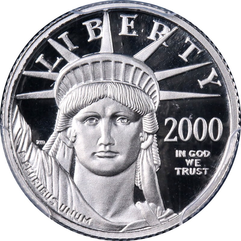 PCGS PR70 DCAM 2000-W $10 Platinum Eagle Coin Blue Label: PCGS PR70 DCAM 2000-W $10 Platinum Eagle Coin Blue Label This 2000-W Platinum American Eagle $10 coin is certified by PCGS as PR70 DCAM, indicating a perfect grade with deep cameo contrast. Struck in 