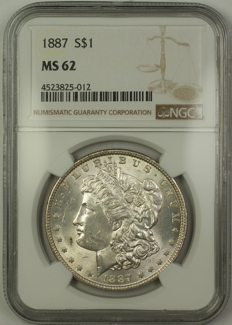 NGC MS62 1887 Morgan Dollar Silver Coin Philadelphia Mint: NGC MS62 1887 Morgan Dollar Silver Coin Philadelphia Mint This 1887 Morgan Silver Dollar features a $1 denomination and was minted in Philadelphia, United States. Certified by NGC with a grade of MS 6