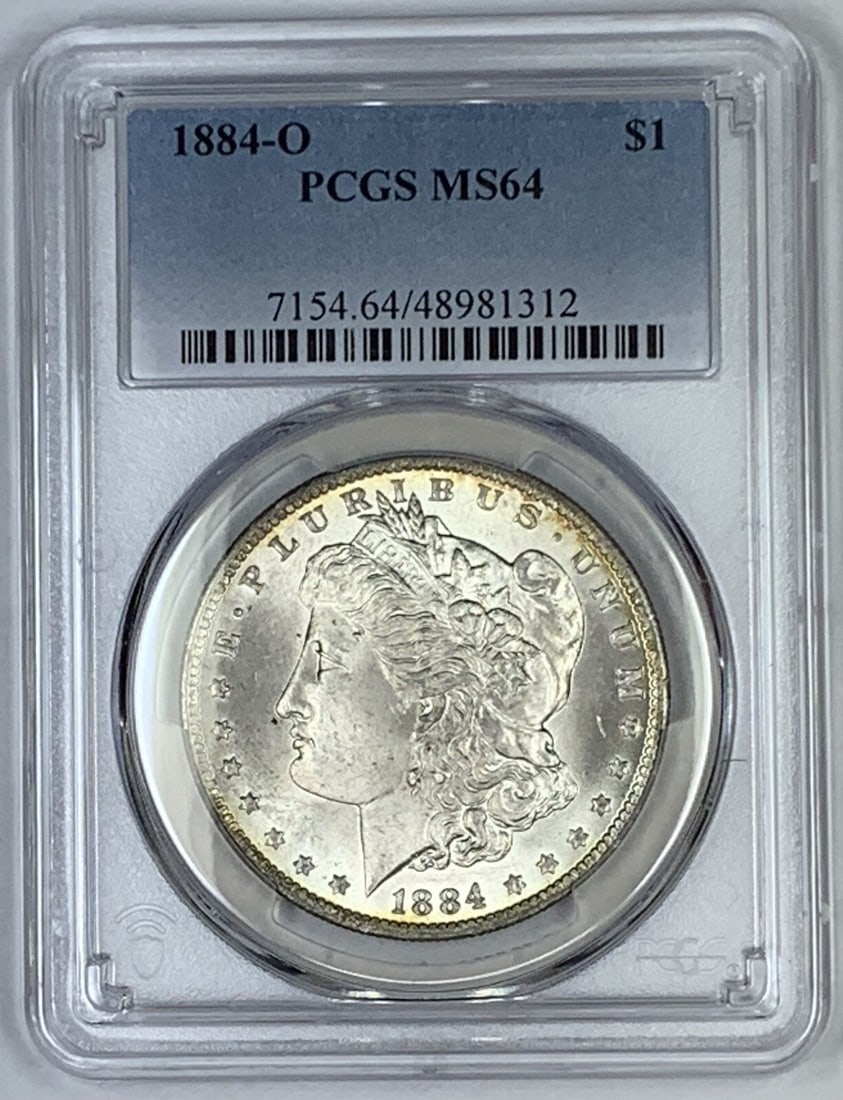 PCGS MS64 1884-O Morgan Silver Dollar Uncirculated $1 Coin: PCGS MS64 1884-O Morgan Silver Dollar Uncirculated $1 Coin This is an 1884-O Morgan Silver $1 Dollar Coin that has been certified by PCGS with a grade of MS 64. The coin is composed of silver and rema