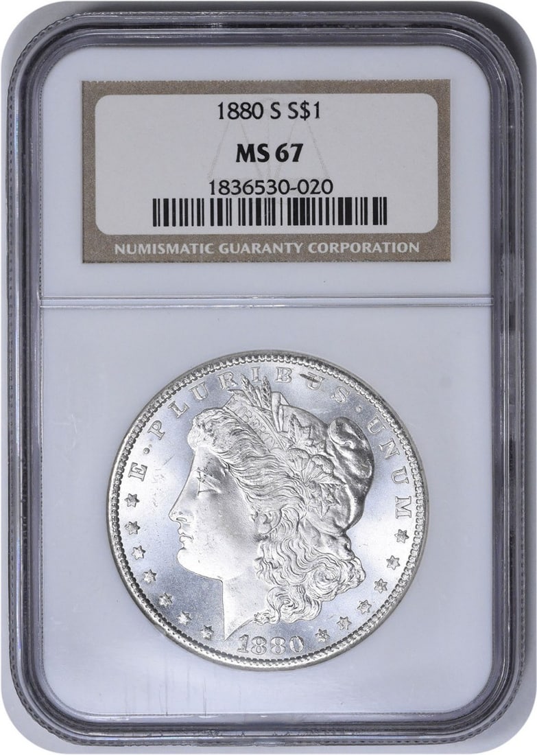 Morgan Dollar 1880 San Francisco MS67 Certified by NGC: Morgan Dollar 1880 San Francisco MS67 Certified by NGC This 1880-S Morgan Silver Dollar is an uncirculated coin graded MS67 by NGC. Struck at the San Francisco Mint, it is composed of 90% silver and 1
