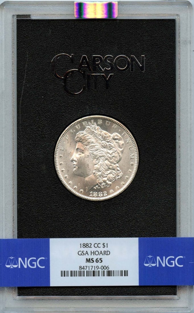 NGC MS65 1882 Carson City Morgan Silver Dollar GSA Hoard: NGC MS65 1882 Carson City Morgan Silver Dollar GSA Hoard This is an 1882-CC Morgan Dollar from the GSA Hoard, certified by NGC with a grade of MS65. The coin was minted in Carson City and remains in u