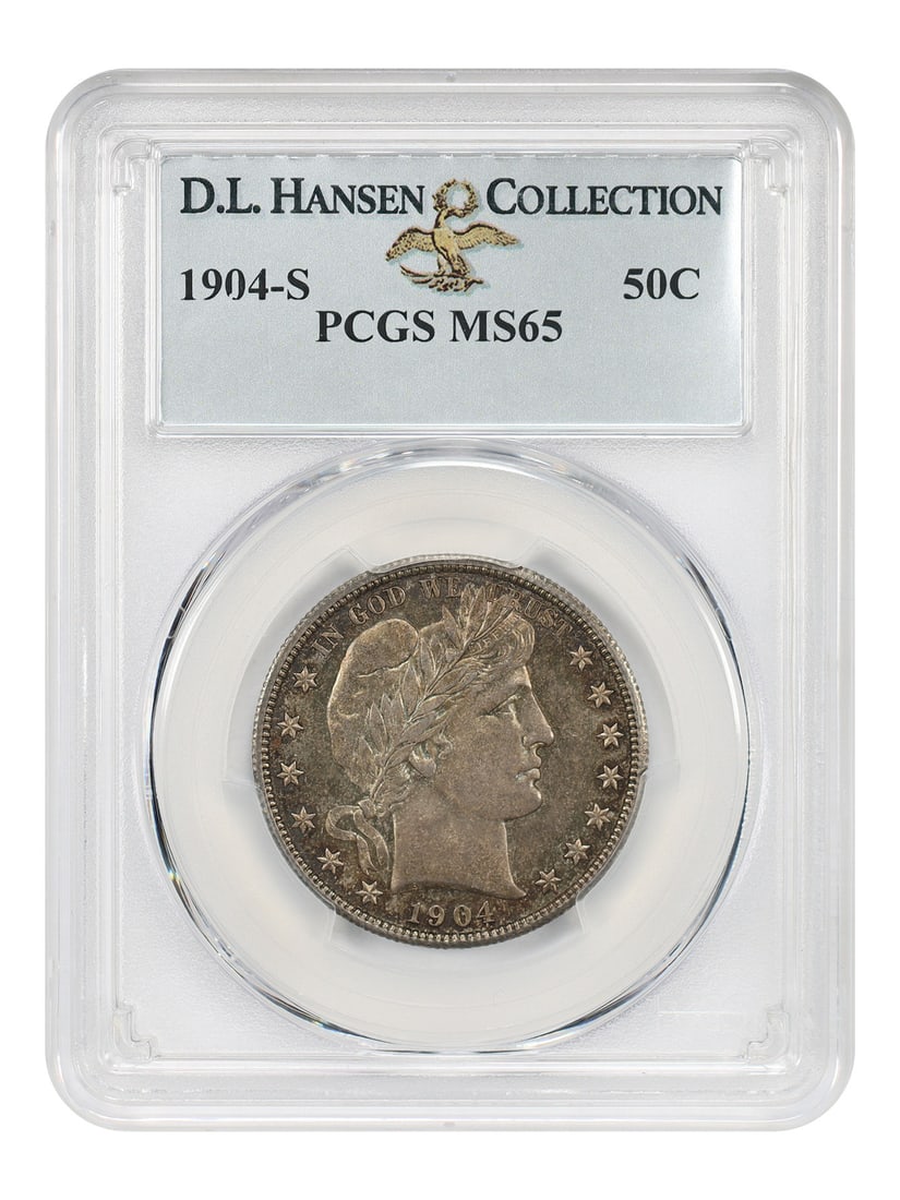 PCGS MS65 1904-S Barber Half Dollar ex D.L. Hansen: PCGS MS65 1904-S Barber Half Dollar ex D.L. Hansen 1904-S Barber Half Dollar certified by PCGS as MS65. This uncirculated example is described as a key to the Barber half dollar set and features attra