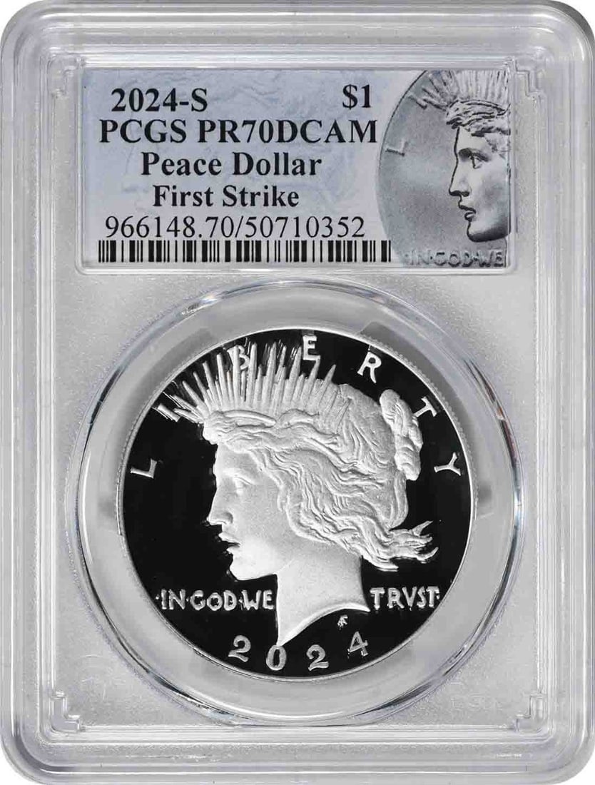 PCGS PR70DCAM First Strike 2024-S Peace Silver Dollar: PCGS PR70DCAM First Strike 2024-S Peace Silver Dollar This 2024-S Peace Silver Dollar is a proof coin graded PR70DCAM by PCGS and features the First Strike Peace label. Struck at the San Francisco Min