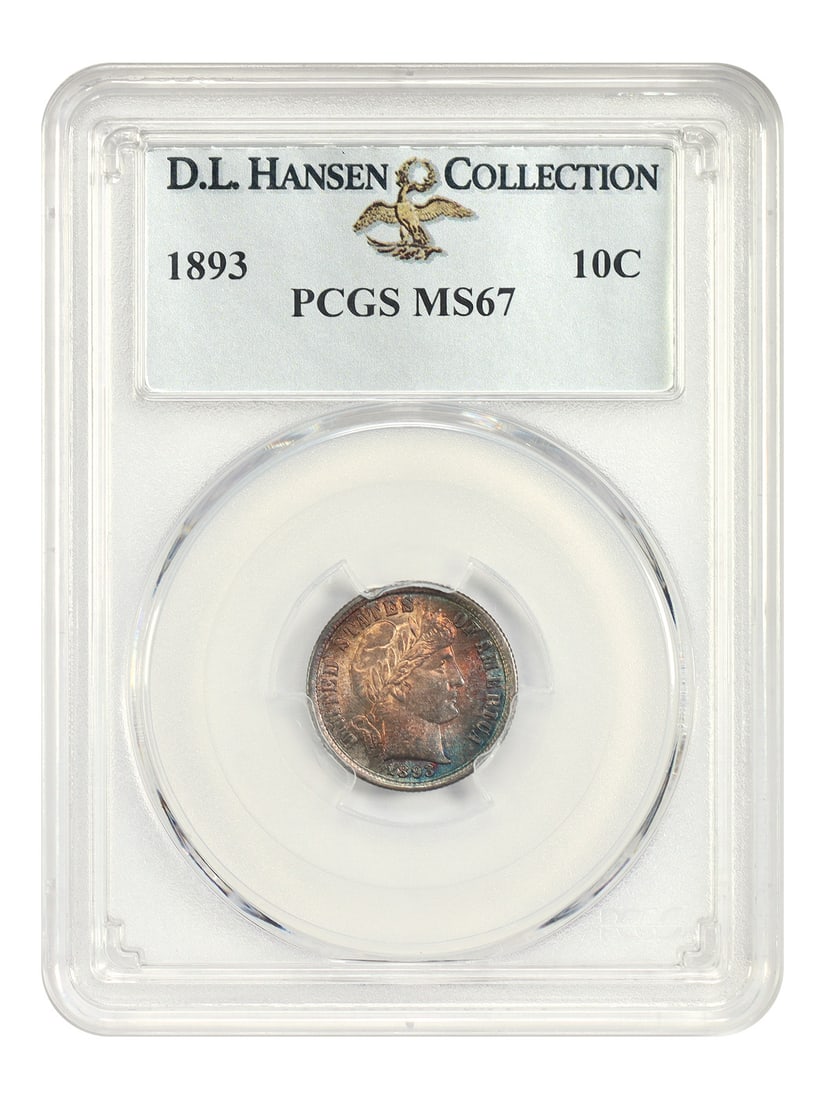 PCGS MS67 1893 Barber Dime 10C ex D.L. Hansen: PCGS MS67 1893 Barber Dime 10C ex D.L. Hansen 1893 Barber Dime certified by PCGS in MS67 condition, ex: D.L. Hansen. This uncirculated example is described as a conditionally rare premium gem, with ju