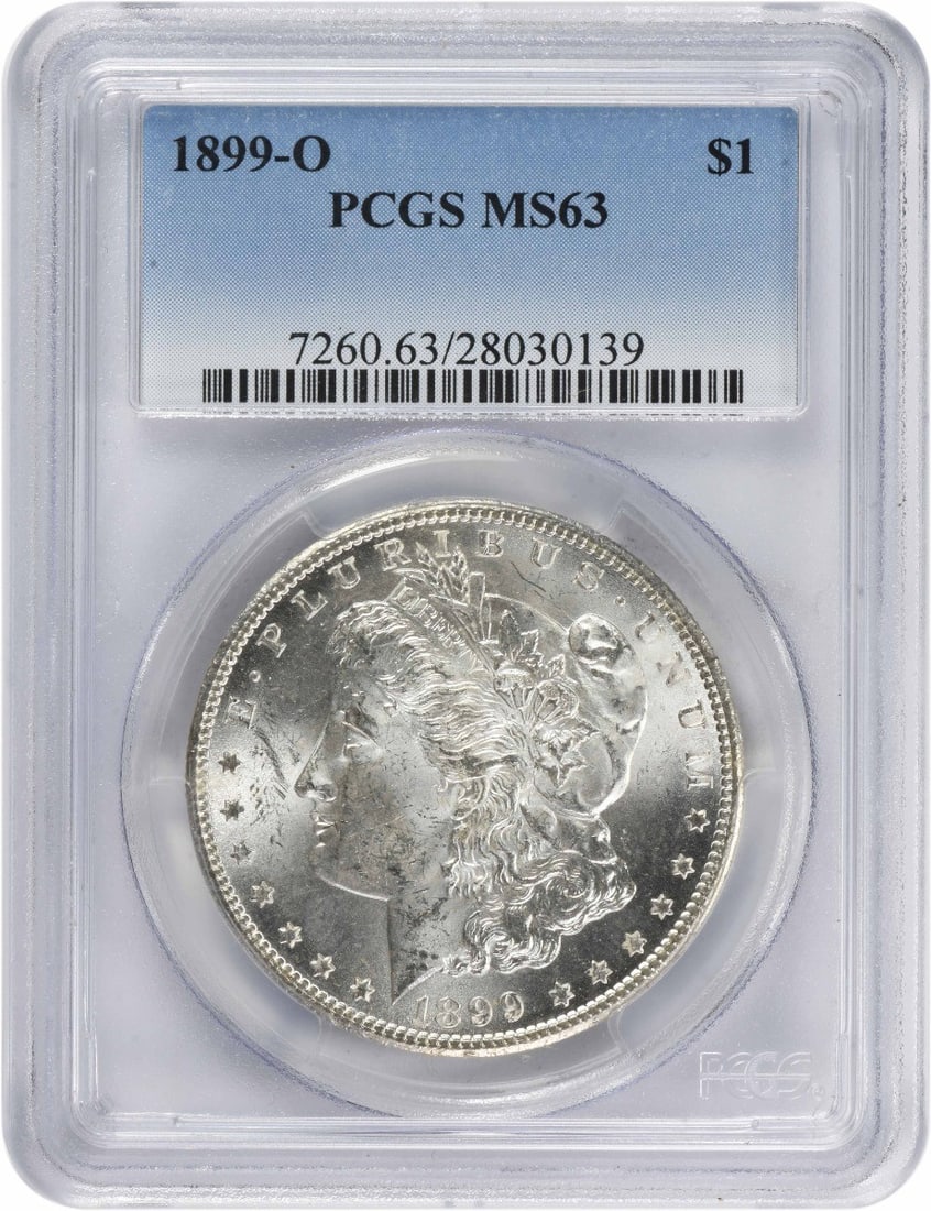 1899-O Morgan Silver Dollar MS63 PCGS Uncirculated Coin: 1899-O Morgan Silver Dollar MS63 PCGS Uncirculated Coin This 1899-O Morgan Silver Dollar is a stunning example of American numismatic history, featuring a design by George T. Morgan. Graded MS63 by PC