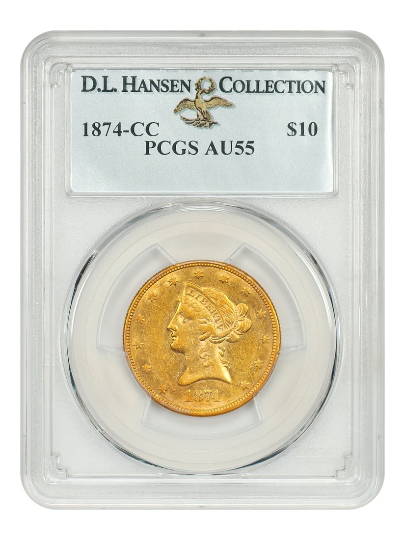 1874-CC $10 Liberty Head Gold Coin PCGS AU55 Rare Carson City: 1874-CC $10 Liberty Head Gold Coin PCGS AU55 Rare Carson City This stunning 1874-CC $10 Liberty Head gold coin, certified by PCGS with a grade of AU55, is a remarkable piece for collectors. With a min