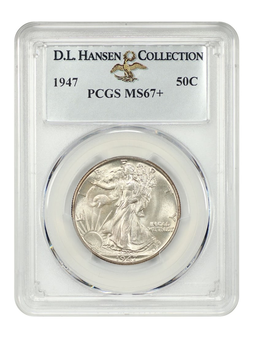 PCGS MS67+ 1947 Walking Liberty Half Dollar 50C ex D.L. Hansen: PCGS MS67+ 1947 Walking Liberty Half Dollar 50C ex D.L. Hansen 1947 Walking Liberty Half Dollar graded PCGS MS67+ and pedigreed ex: D.L. Hansen. One NGC MS68 is known, but PCGS has certified none fine