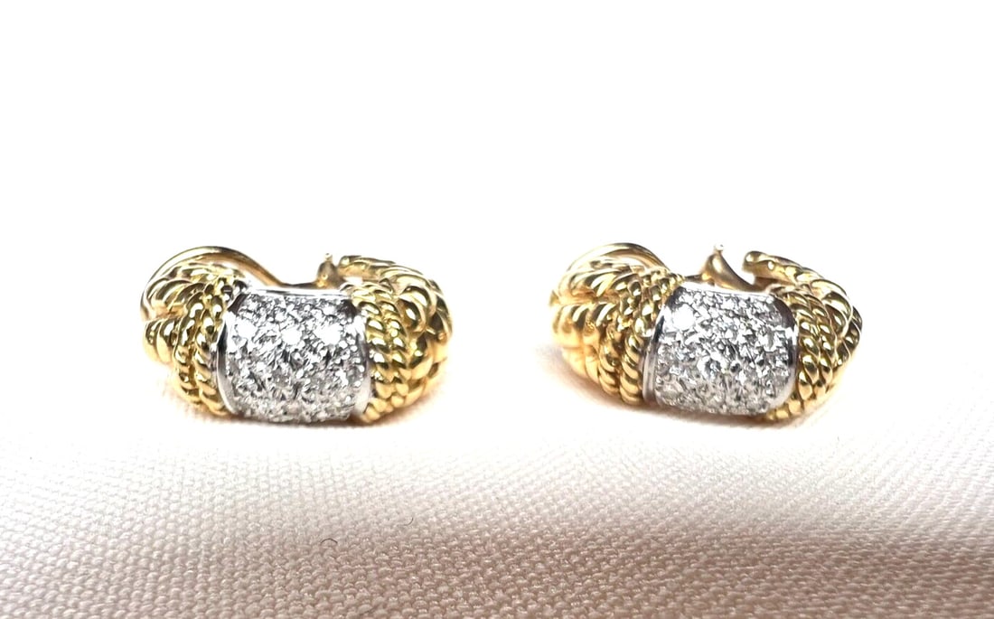 Elegant French 18K Gold Diamond Cuff Earrings 0.65 ct (1 of 9)
