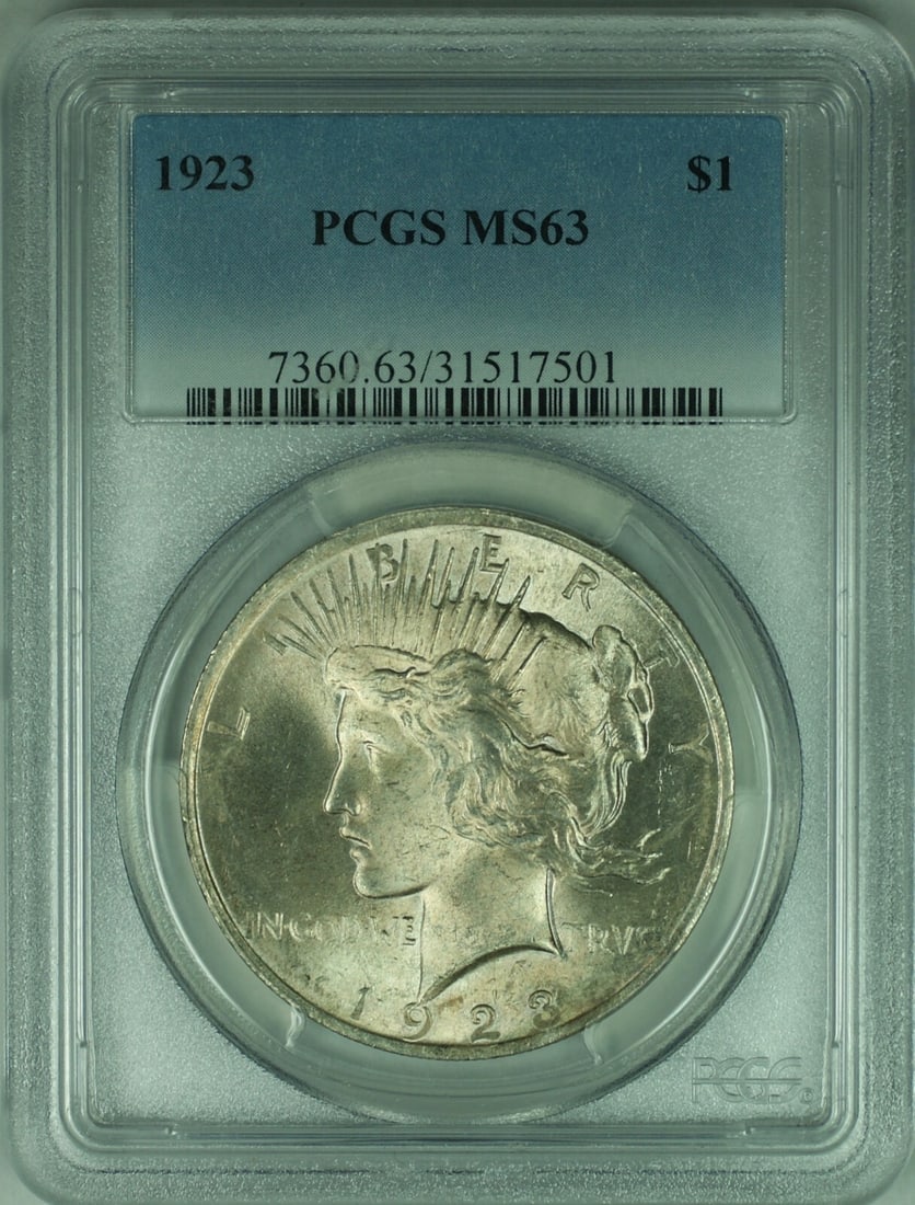 1923 Peace Dollar Silver PCGS MS63 Graded Coin: 1923 Peace Dollar Silver PCGS MS63 Graded Coin This 1923 Peace Silver Dollar features a $1 denomination and is composed of silver. Certified by PCGS with a grade of MS 63, this uncirculated coin was m