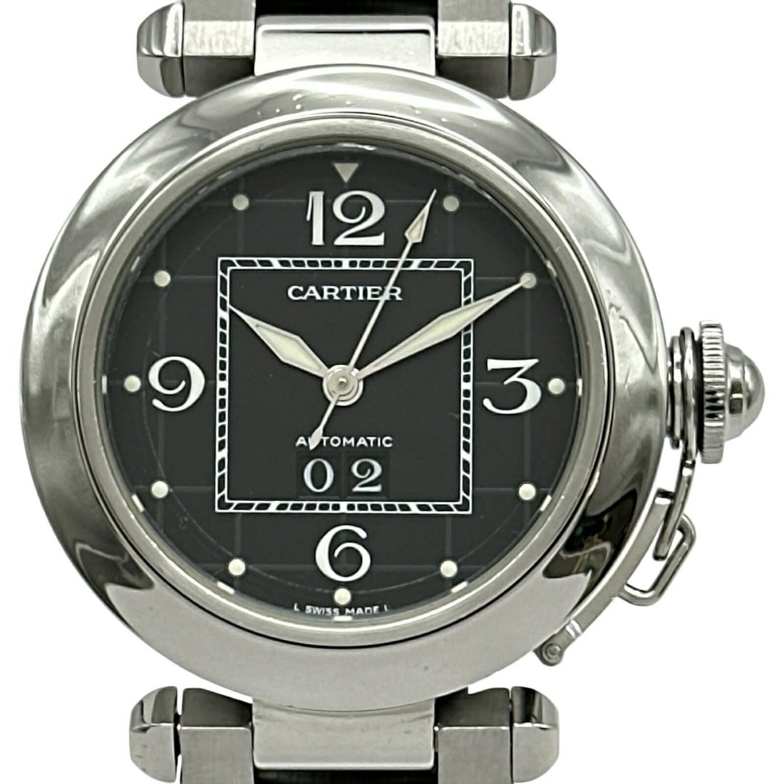 Cartier Pasha C Big Date 35mm Automatic Stainless Steel Womens Watch: Cartier Pasha C Big Date 35mm Automatic Stainless Steel Womens Watch Pre-owned Cartier Pasha C 35mm Big Date ladies wristwatch with a black dial and stainless steel construction. This automatic watch 
