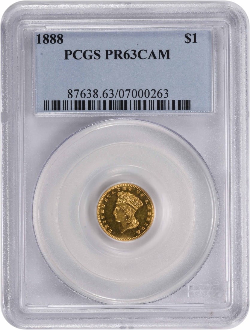 PCGS PR63CAM 1888 Type 3 Gold Dollar Proof: PCGS PR63CAM 1888 Type 3 Gold Dollar Proof 1888 $1 Gold Type 3 proof coin graded PR63CAM by PCGS. This pre-1933 United States gold dollar features a reeded edge and was designed by James Barton Longac