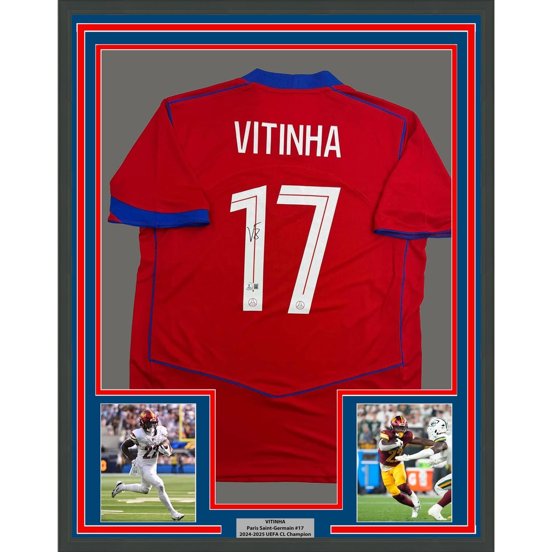 Vitinha Signed Paris Saint-Germain Red Jersey 35x39 Framed With Beckett COA: Vitinha Signed Paris Saint-Germain Red Jersey 35x39 Framed With Beckett COA This professionally framed display features a red Paris Saint-Germain (PSG) jersey autographed by Vitinha. The piece include