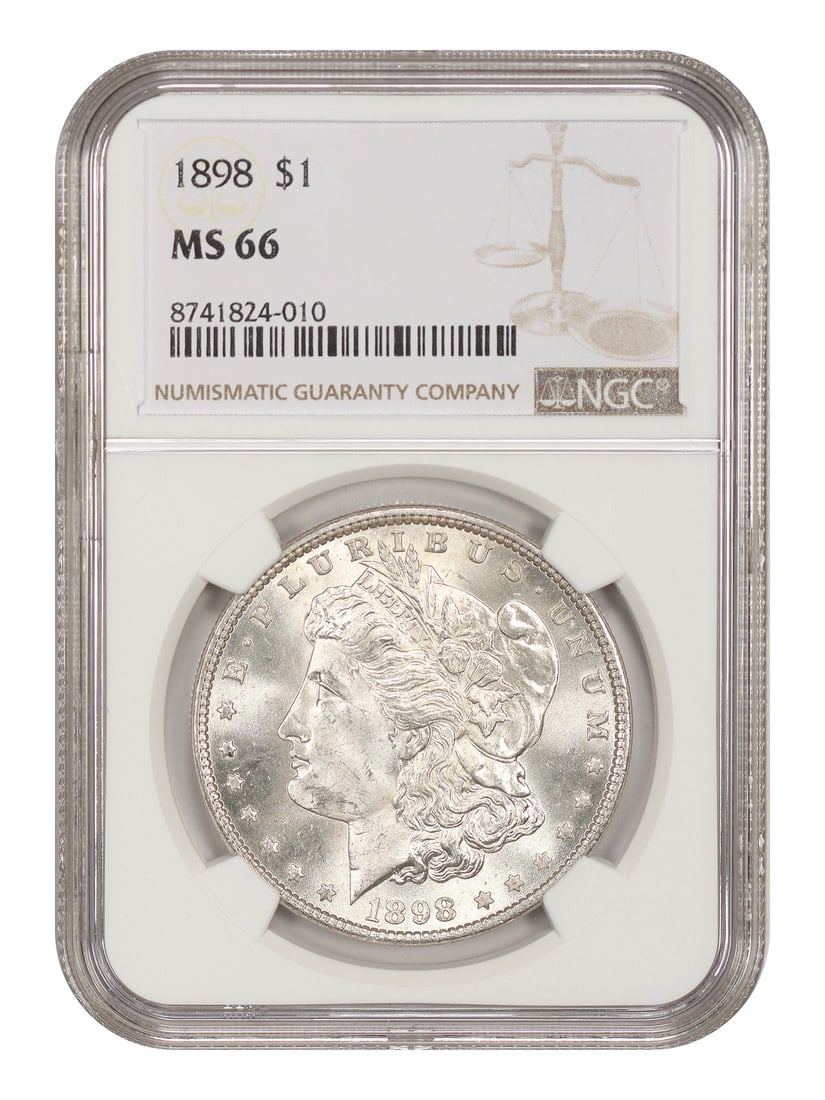 NGC MS66 1898 Morgan Dollar $1 Philadelphia Uncirculated: NGC MS66 1898 Morgan Dollar $1 Philadelphia Uncirculated 1898 Morgan Dollar $1 certified by NGC and graded MS66. This uncirculated Philadelphia issue is presented as a pre-owned example of the design 