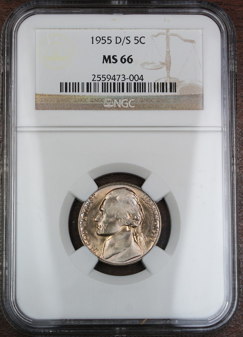NGC MS-66 1955 D Over S Jefferson Nickel Scarce Variety Coin: NGC MS-66 1955 D Over S Jefferson Nickel Scarce Variety Coin This 1955-D/S Jefferson Nickel is a scarce over mint mark (OMM) variety, featuring the D over S mint mark. Certified by NGC with a grade of
